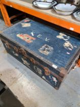 Large metal bound travel trunk with numerous travel labels, including Cunard, etc, plus 2 smaller ca