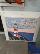 A modern oil of Lighthouse on rocks, in white painted frame