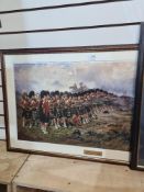 Three modern coloured prints of military scenes and a reproduction declaration