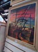 An early 1960s oil of boats signed Lewis, 49cm x 60cm and one other print of ships