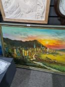 A late 20th Century oil of Hong Kong scene signed bottom left possibly by Sam Kiang, 90cm x 59cm