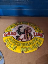 A modern enamel sign for Musgo Gaseline decorated North American Indian, 29.5cm