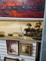 Ken Hammond, a large oil of sailing boat beside house, 113 x 44.5cm and 2 other small oil paintings