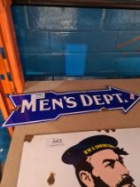 A modern enamel sign in shape of arrow worded Mens Department