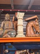 A carved horse head table and three other items