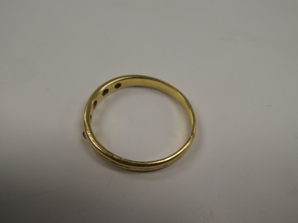 Unmarked yellow gold, possibly 18ct gold band ring inset four small diamonds, one missing, unmarked, - Image 2 of 4