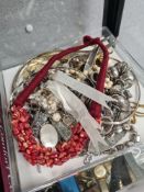 Tray of mixed vintage timed costume jewellery include silver neck collars, Mother of Pearl pendant,