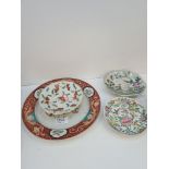 Two 19th Century Chinese dishes on round foot, one decorated Cockerell, Chinese plate and one other