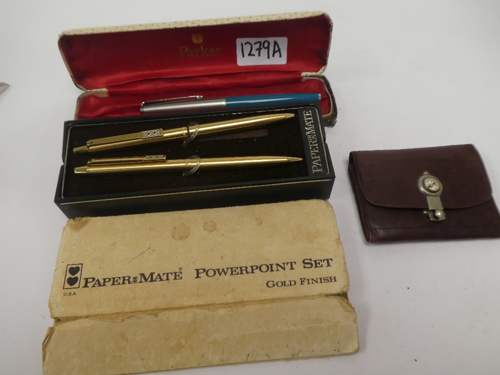 Vintage cased Parker fountain pen. Papermate Power Point set and a vintage leather wallet with compa