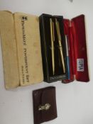 Vintage cased Parker fountain pen. Papermate Power Point set and a vintage leather wallet with compa