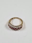 9K yellow gold half hoop ring with central row square cut rubies and row of round cut diamonds each