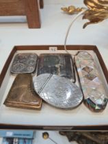 A Victorian Mother of Pearl spectacle case, a compact in form of Grand Piano and sundry