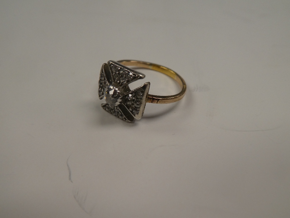 Antique Art Deco ring with diamond Maltese Cross shaped panel inset diamonds old cut central diamond