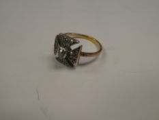 Antique Art Deco ring with diamond Maltese Cross shaped panel inset diamonds old cut central diamond