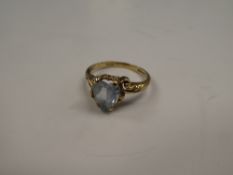 9ct rose gold dress ring with blue paste heart in 4 claw mount, on scrolling shoulders, size L, Lond