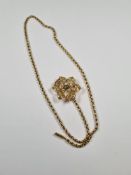 Victorian 9ct yellow gold belcher chain with barrel clasp, 44cm, hung with a 9ct gold pendant / broo