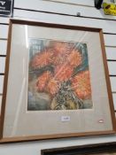 Richard Bawden, a pencil signed artist proof coloured etching titled 'Chrysanthemums' 34 x 39cm