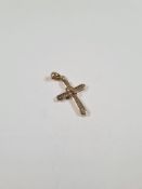 9ct yellow gold cross pendant inset with small round cut diamonds, 2.5cm x 1.5cm marked 375, 3.28g a