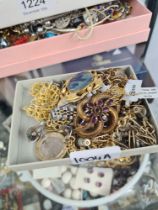 Quantity of mixed costume jewellery including brooches, coins, 9ct gold necklaces, etc
