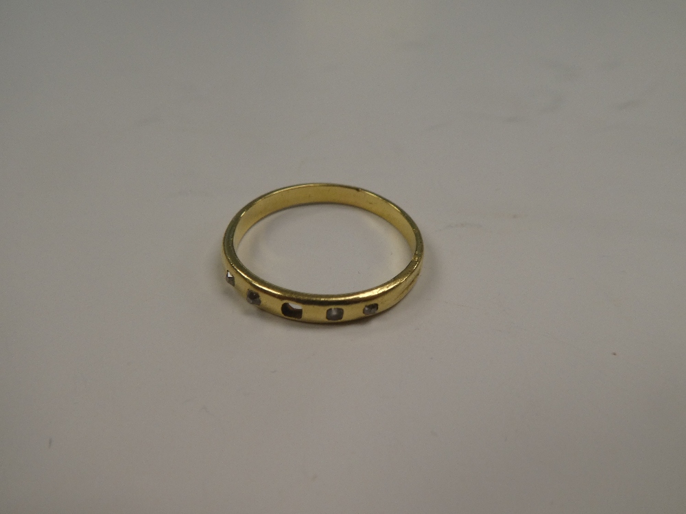 Unmarked yellow gold, possibly 18ct gold band ring inset four small diamonds, one missing, unmarked, - Image 3 of 4