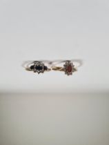 Two 9ct yellow gold dress rings, a sapphire and clear stoned cluster ring and a garnet and cubic zir