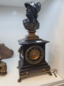 A Victorian slate mantle clock having bronze bust of Pericles, with inscription plaque to base, 58cm