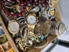 Tray of vintage and modern costume jewellery, fashion watches, cherry red amber beads, etc