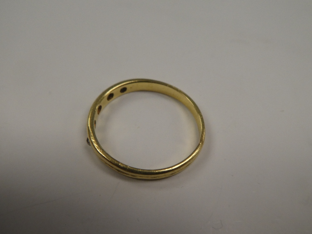 Unmarked yellow gold, possibly 18ct gold band ring inset four small diamonds, one missing, unmarked, - Image 4 of 4