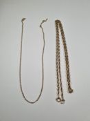 9ct yellow gold neckchain of twisted link design, marked 9ct, 73cm and a fine 9ct gold chain, 16.3g