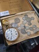 Gold plated J C Graves pocket watch and quantity of coins to include silver 3p including some Victor