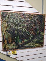 A 1970s Impasto style painting of trees, on reverse written Leslie Jones, Jan 79, 94cm x 79.5cm