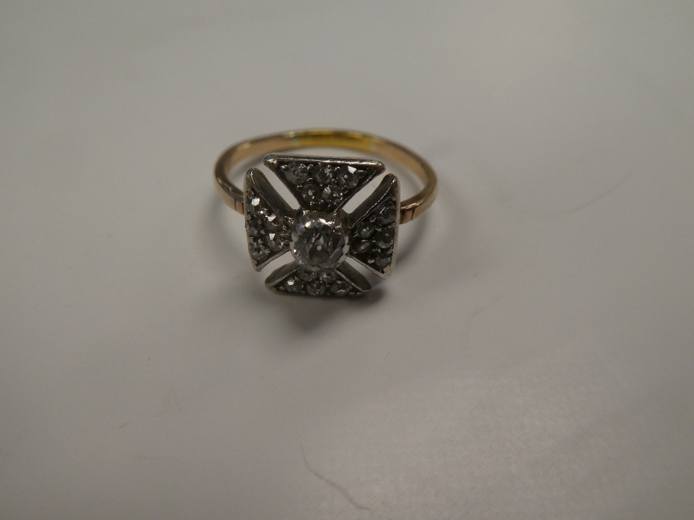 Antique Art Deco ring with diamond Maltese Cross shaped panel inset diamonds old cut central diamond - Image 2 of 6