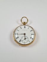 18ct yellow gold cased key wind pocket watch, by J W Benson, white enamel dial and Roman numerals, s