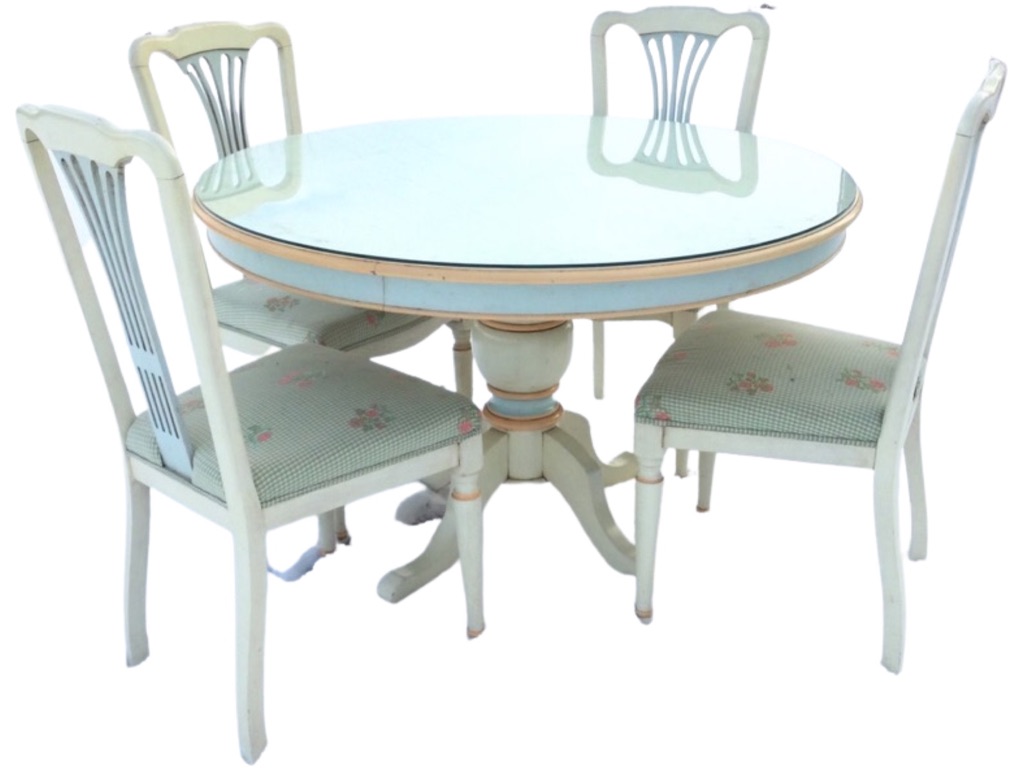 A circular painted breakfast table & chair set, the table with plate glass top and plain apron