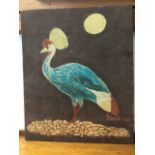 Jhanowo?, batik oil on cotton laid down on board, African crane under moonlight, signed indistinctly
