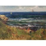 J F Slater, oil on canvas, coastal view with red dressed figure and sailing boats out to sea, signed
