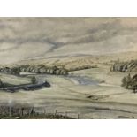 Brian Richardson, watercolour, river landscape, inscribed to verso Wharfedale looking towards