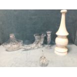 Four pieces of cut glass - a horn vase, a bell, a basket bowl, and a candlestick; and a painted
