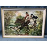 Richard Jennings, oil on board, huntsman and lady astride gate in pursuit of hounds, signed and