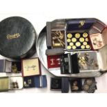 Miscellaneous cased cufflinks, a circular leather mounted collar box, tie pins, some silver, a set