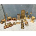 Miscellaneous brass including an art nouveau embossed panel wall candlelight, two Stephenson