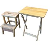 A folding hardwood table on rectangular legs; and a set of beech steps with two treads. (2)
