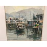 Chin Chung, watercolour, boats by quayside with figures, signed, titled to verso The Water Village