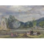 Nineteenth century English school, pencil and watercolour, figures in foreground with cows &