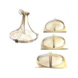 A suite of art deco style lights with central hanging bowl and three crescent shaped wall-lights,