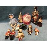A collection of dolls - Spanish costume dolls, a pair of guardsmen, 60s sleep doll with crochet
