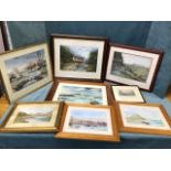 Eight miscellaneous framed prints, some signed, a pair of NE coast scenes, a handcoloured nineteenth