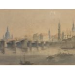 Nineteenth century watercolour, European river cityscape with arched bridge, figures & boats,