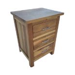A contemporary panelled oak cabinet with three drawers. (19in x 16in x 26in)