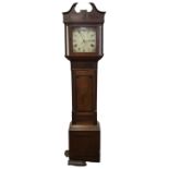A country oak longcase clock, the case with mahogany crossbanding having swan-neck pediment above